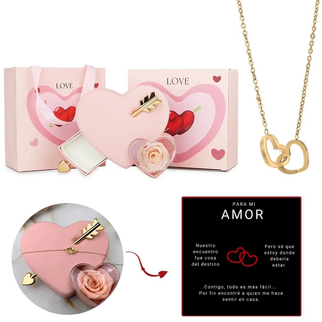 Caja Cupido con rosa eterna y collar con nombres personalizados - Moroveta