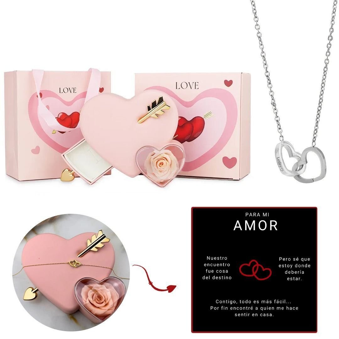 Caja Cupido con rosa eterna y collar con nombres personalizados - Moroveta